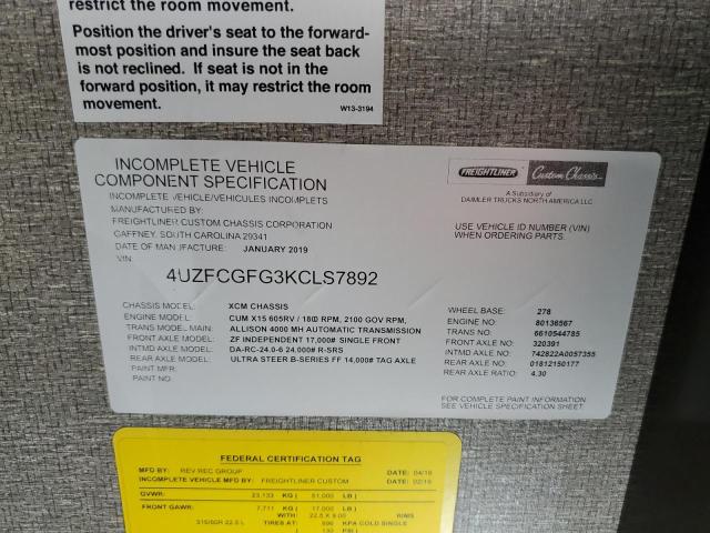 4UZFCGFG3KCLS7892 - 2019 FREIGHTLINER CHASSIS XC BURGUNDY photo 10