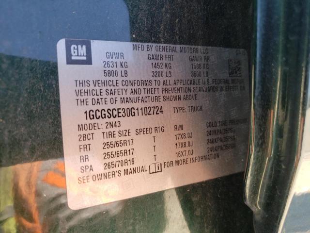 1GCGSCE30G1102724 - 2016 CHEVROLET COLORADO L GREEN photo 10
