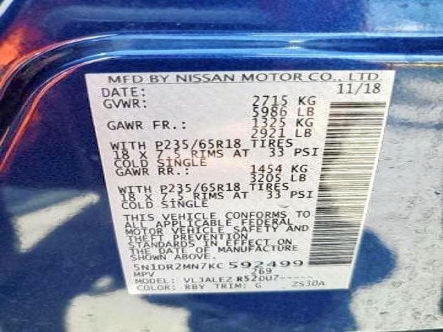 5N1DR2MN7KC592499 - 2019 NISSAN PATHFINDER BLUE photo 10