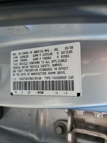 1HGCP26378A135148 - 2008 HONDA ACCORD LX SILVER photo 10