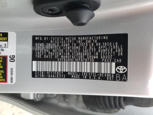 5YFBURHE1KP878739 - 2019 TOYOTA COROLLA L SILVER photo 10