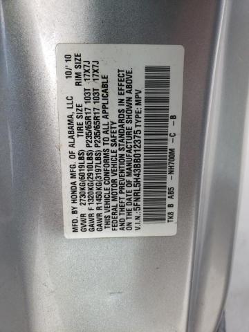 5FNRL5H43BB012375 - 2011 HONDA ODYSSEY EX SILVER photo 10