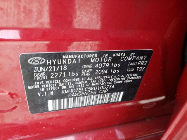 KMHC75LC5KU105734 - 2019 HYUNDAI IONIQ SEL RED photo 10