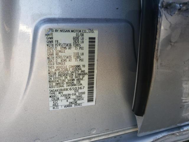 5N1AR18U88C650367 - 2008 NISSAN PATHFINDER SILVER photo 10