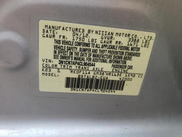 3N1CN7AP4CL904544 - 2012 NISSAN VERSA S SILVER photo 10