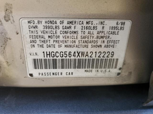 1HGCG564XWA212229 - 1998 HONDA ACCORD LX GRAY photo 10