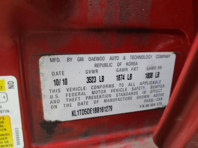 KL1TD5DE1BB161279 - 2011 CHEVROLET AVEO LS 红色 照片 10