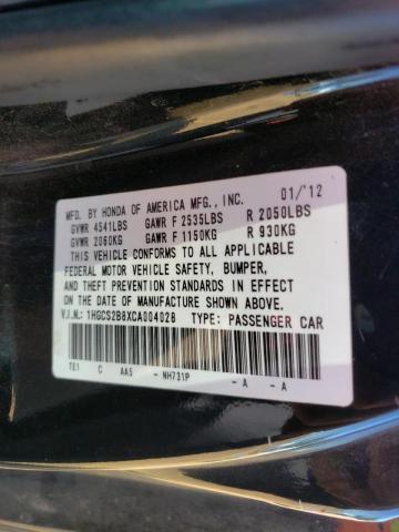 1HGCS2B8XCA004028 - 2012 HONDA ACCORD EXL BLACK photo 10