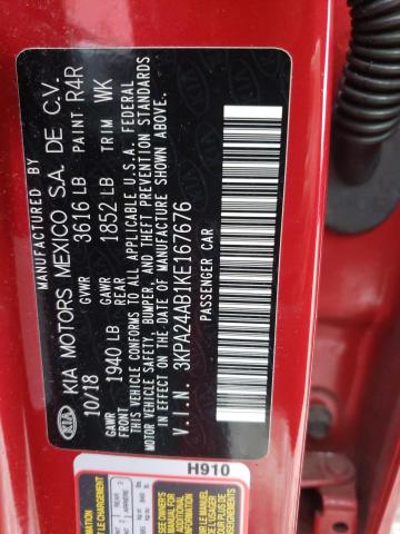 3KPA24AB1KE167676 - 2019 KIA RIO S RED photo 10