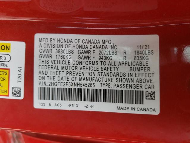 2HGFE2F5XNH545265 - 2022 HONDA CIVIC SPOR RED photo 10