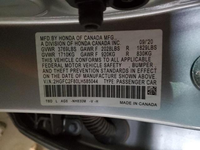 2HGFC2F80LH585044 - 2020 HONDA CIVIC SPOR SILVER photo 10