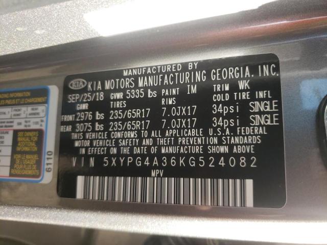 5XYPG4A36KG524082 - 2019 KIA SORENTO L GRAY photo 10