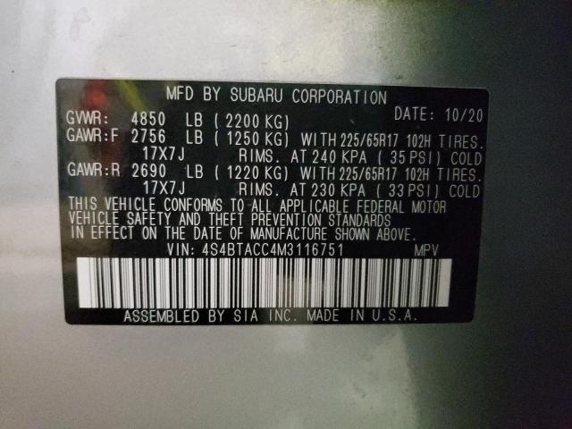 4S4BTACC4M3116751 - 2021 SUBARU OUTBACK SILVER photo 10