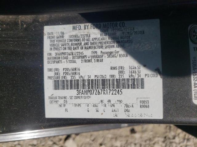 3FAHP07Z67R172245 - 2007 FORD FUSION BLACK photo 10