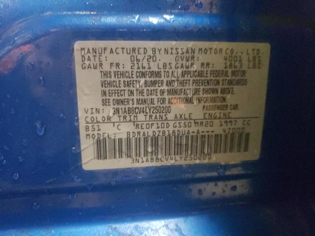 3N1AB8CV4LY250200 - 2020 NISSAN SENTRA SV BLUE photo 10