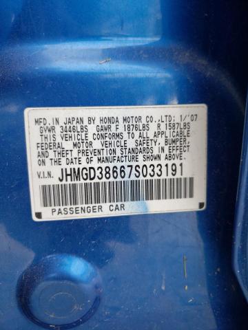 JHMGD38667S033191 - 2007 HONDA FIT S ლურჯი ფოტო 10