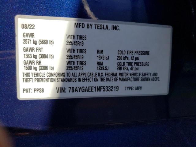 7SAYGAEE1NF533219 - 2022 TESLA MODEL Y أزرق صورة 10