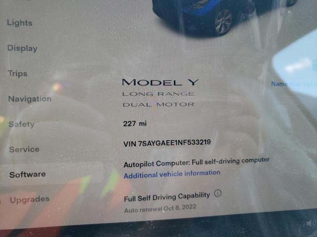 7SAYGAEE1NF533219 - 2022 TESLA MODEL Y BLUE photo 8