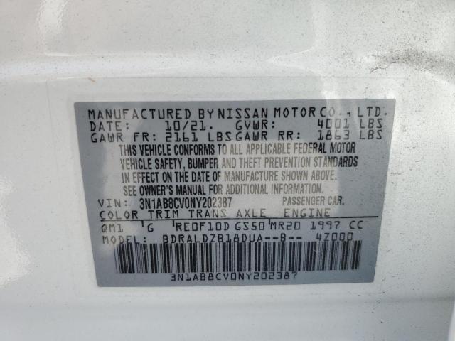 3N1AB8CV0NY202387 - 2022 NISSAN SENTRA SV WHITE photo 10