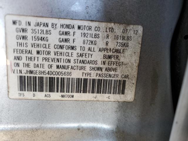 JHMGE8H54DC005686 - 2013 HONDA FIT SPORT SILVER photo 10