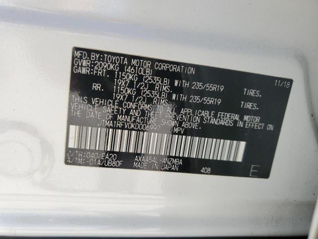 JTMA1RFV0KD006997 - 2019 TOYOTA RAV4 XLE P WHITE photo 10