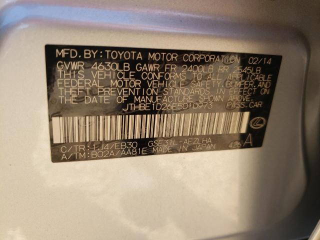 JTHBE1D26E5010973 - 2014 LEXUS IS 350 SILVER photo 10