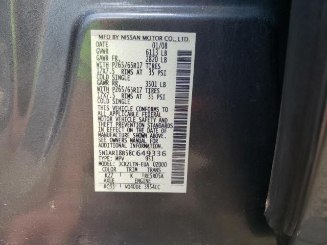 5N1AR18B58C649336 - 2008 NISSAN PATHFINDER GRAY photo 10