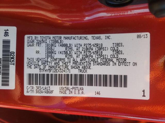 5TFHY5F12EX324171 - 2014 TOYOTA TUNDRA CRE RED photo 10