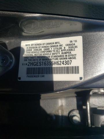 2HGES16355H624307 - 2005 HONDA CIVIC DX V GRAY photo 10