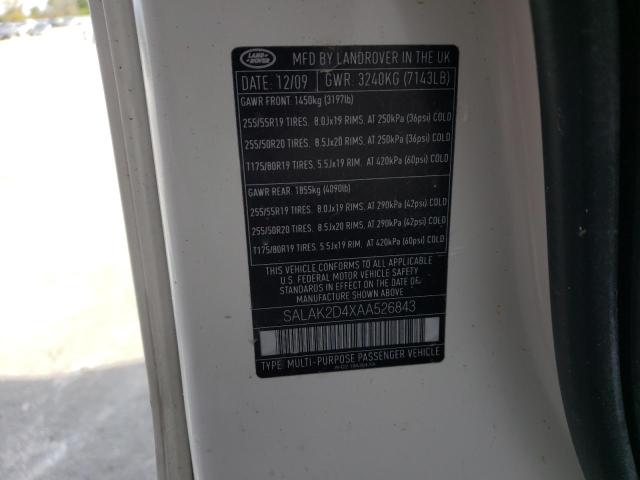 SALAK2D4XAA526843 - 2010 LAND ROVER LR4 HSE LU WHITE photo 10