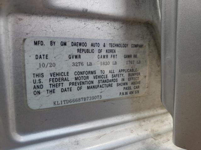 KL1TD66687B739073 - 2007 CHEVROLET AVEO BASE SILVER photo 10