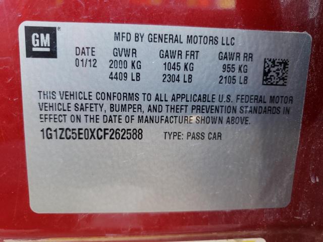 1G1ZC5E0XCF262588 - 2012 CHEVROLET MALIBU 1LT 红色 照片 10