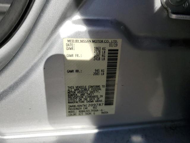 1N4BL4DV7KC209787 - 2019 NISSAN ALTIMA SV GRAY photo 10