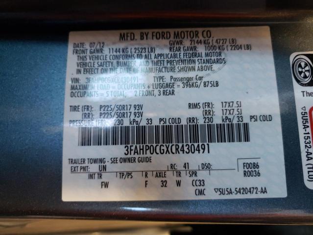3FAHP0CGXCR430491 - 2012 FORD FUSION SEL CHARCOAL photo 10
