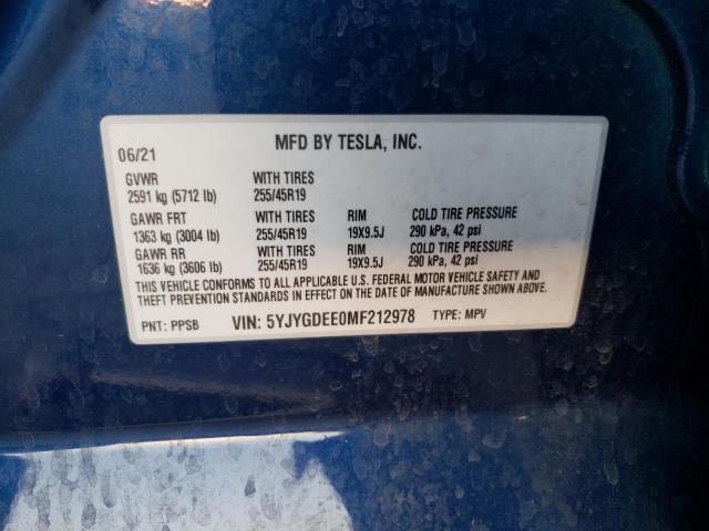 5YJYGDEE0MF212978 - 2021 TESLA MODEL Y أزرق صورة 10