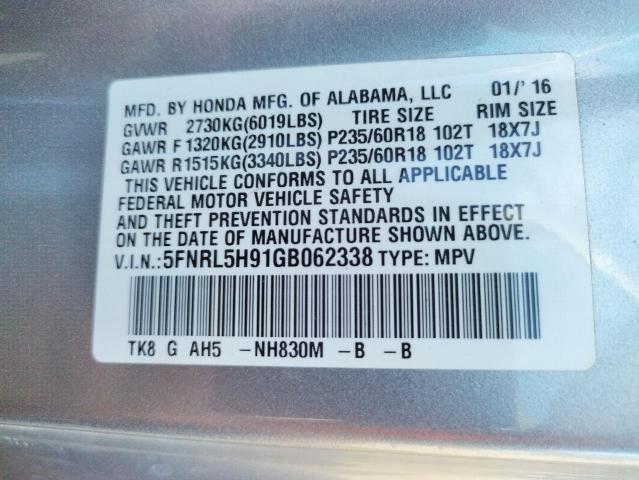 5FNRL5H91GB062338 - 2016 HONDA ODYSSEY TO GRAY photo 10