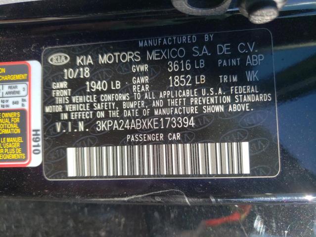 3KPA24ABXKE173394 - 2019 KIA RIO S BLACK photo 10