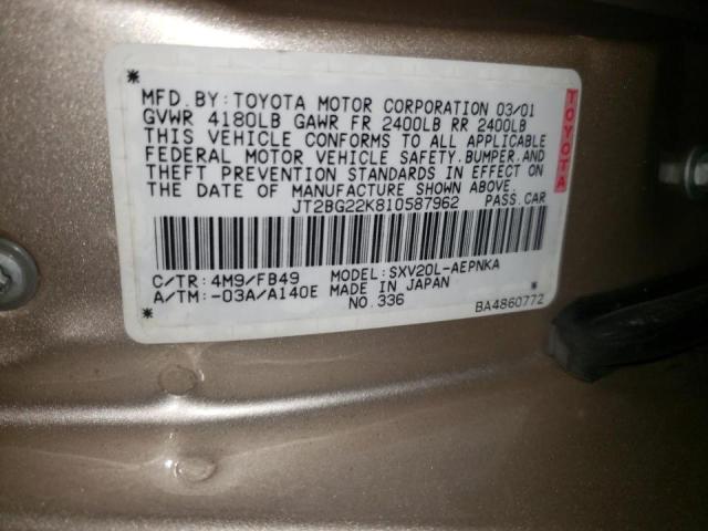 JT2BG22K810587962 - 2001 TOYOTA CAMRY CE TAN photo 10