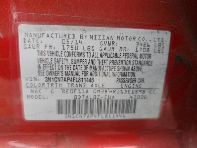 3N1CN7AP4FL811446 - 2015 NISSAN VERSA S RED photo 10