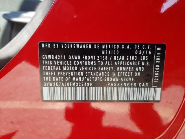 3VW2K7AJ0FM322496 - 2015 VOLKSWAGEN JETTA BASE RED photo 10