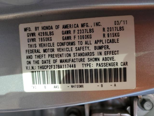 1HGCP2F37BA117448 - 2011 HONDA ACCORD LX SILVER photo 10