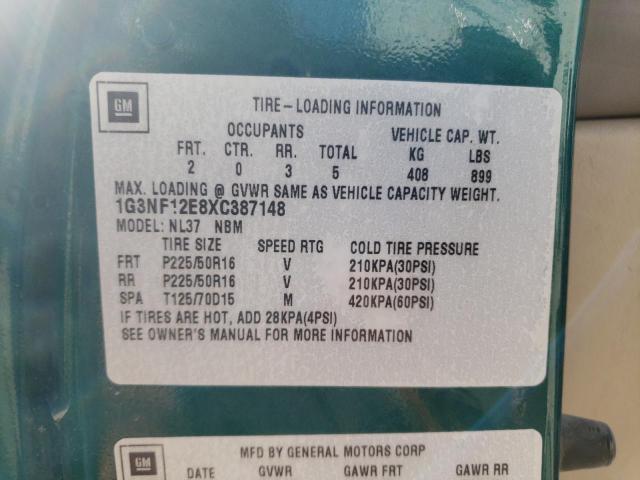 1G3NF12E8XC387148 - 1999 OLDSMOBILE ALERO GLS 绿色 照片 10