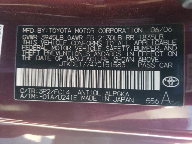 JTKDE177470151583 - 2007 SCION TC MAROON photo 10