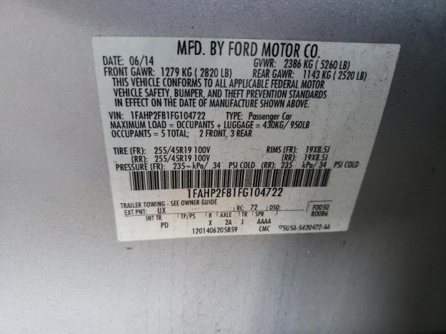 1FAHP2F81FG104722 - 2015 FORD TAURUS LIM SILVER photo 10