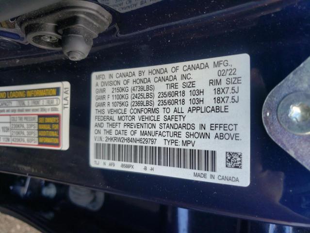 2HKRW2H84NH629797 - 2022 HONDA CR-V EXL BLUE photo 10