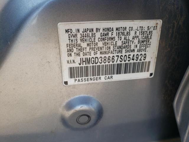 JHMGD38667S054929 - 2007 HONDA FIT S SILVER photo 10