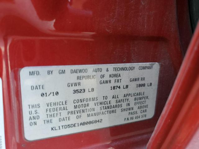 KL1TD5DE1AB086842 - 2010 CHEVROLET AVEO LS 勃艮第红 照片 10