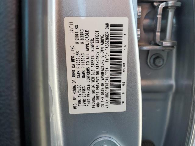 1HGCP3F86BA017794 - 2011 HONDA ACCORD EXL SILVER photo 10