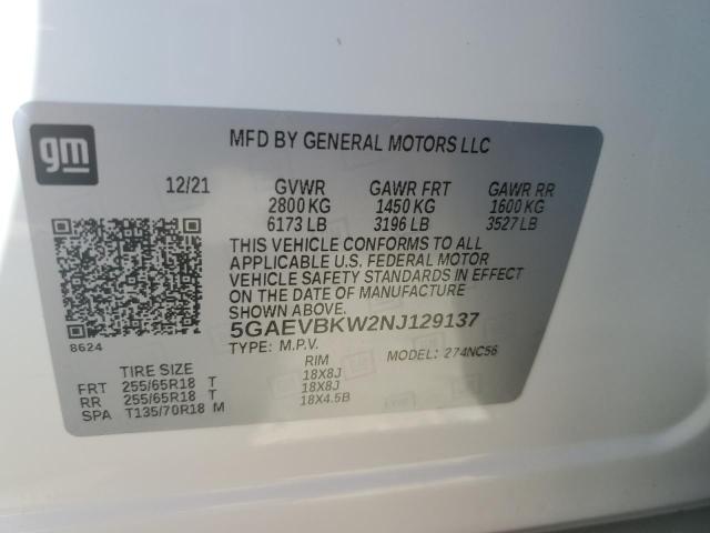 5GAEVBKW2NJ129137 - 2022 BUICK ENCLAVE PR WHITE photo 10