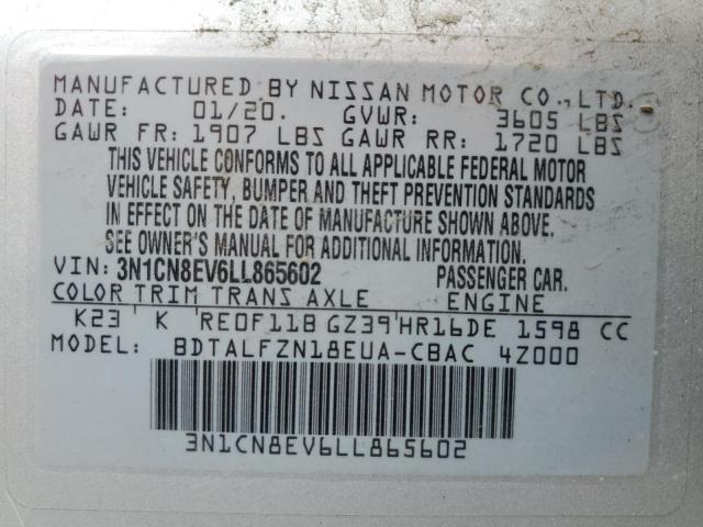 3N1CN8EV6LL865602 - 2020 NISSAN VERSA SV SILVER photo 10